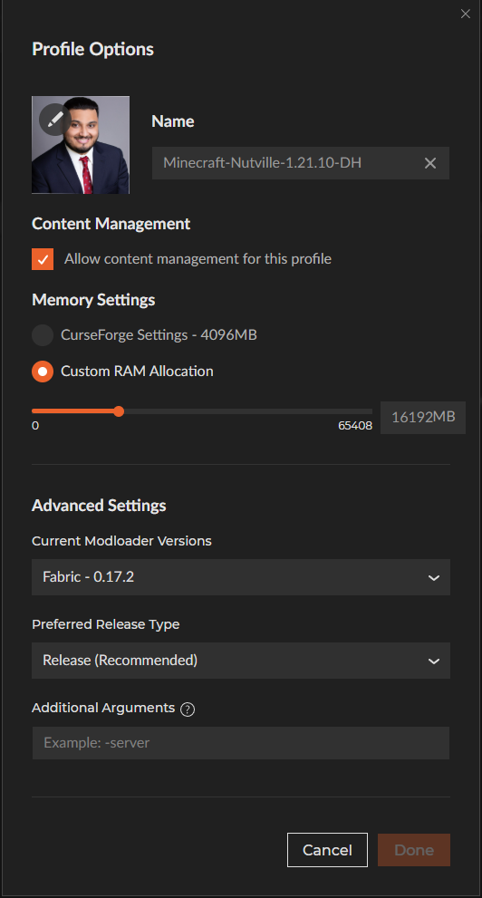 Profile Settings RAM Configuration